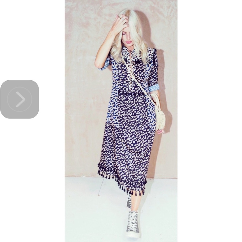 NEVER FULLY DRESSED Edna Leopard Print Tassel Midi Shirt Dress Size S
